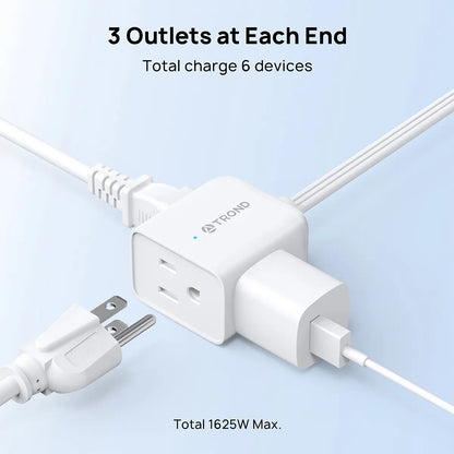 TROND Ultra-Thin Dual Extension Cord Power Strip - 6Ft on Each Side, Multi Outlet Splitter Perfect for Home, Dorms, and Behind Furniture
