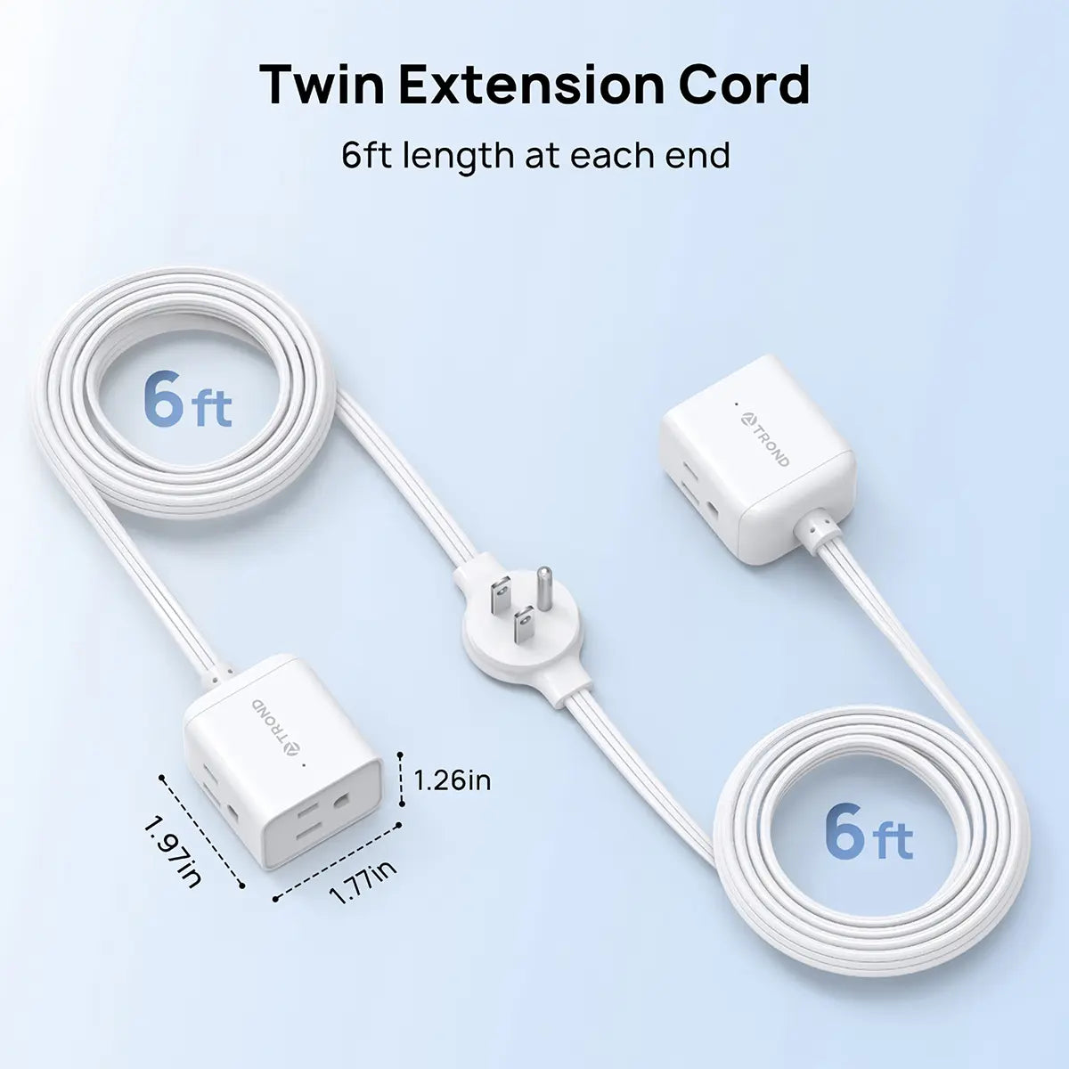 TROND Ultra-Thin Dual Extension Cord Power Strip - 6Ft on Each Side, Multi Outlet Splitter Perfect for Home, Dorms, and Behind Furniture
