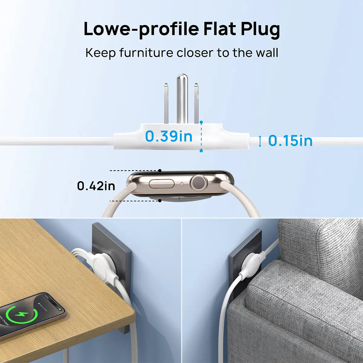 TROND Ultra-Thin Dual Extension Cord Power Strip - 6Ft on Each Side, Multi Outlet Splitter Perfect for Home, Dorms, and Behind Furniture