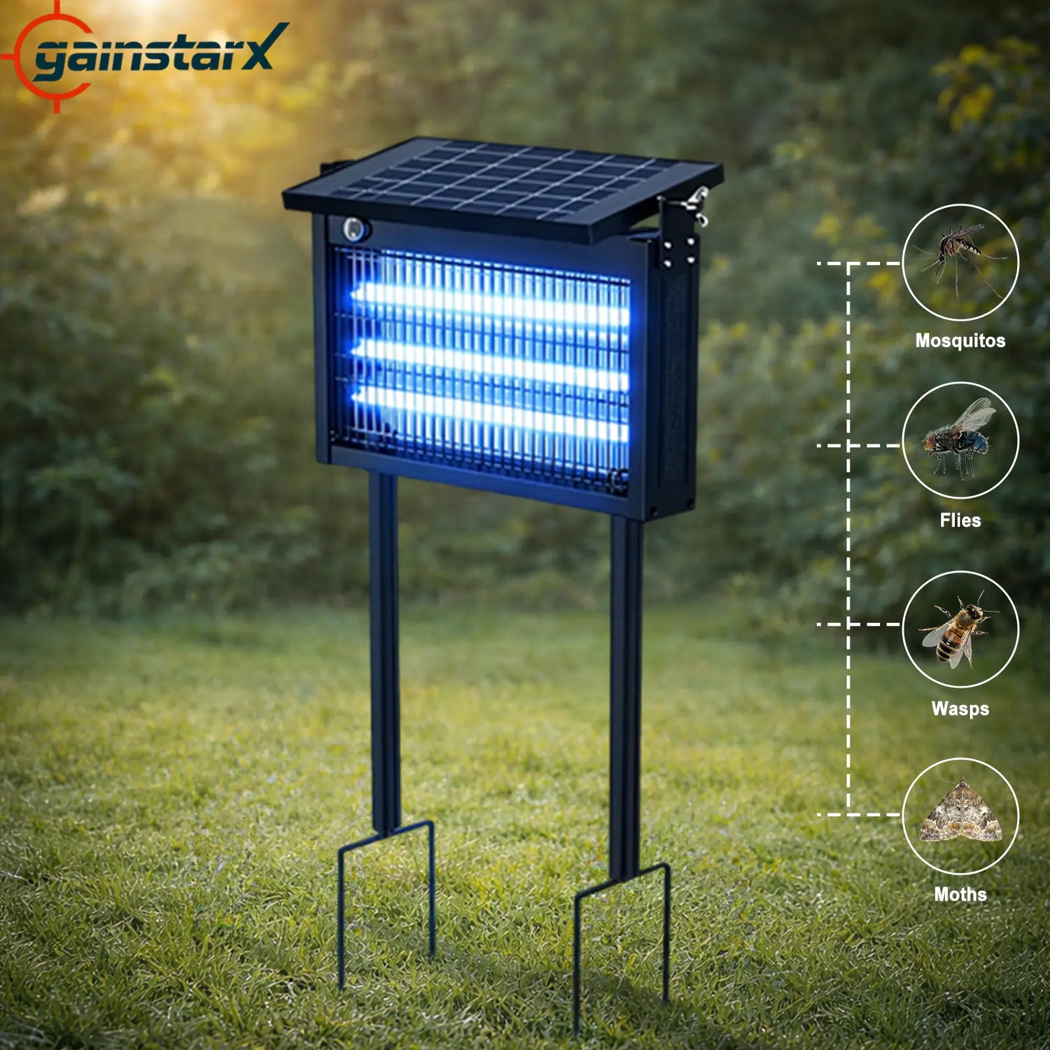 Experience Ultimate Outdoor Comfort with the Gainstarx Solar Bug Zapper - Waterproof, Rechargeable, and Smart Light Sensor for Effortless Insect Control