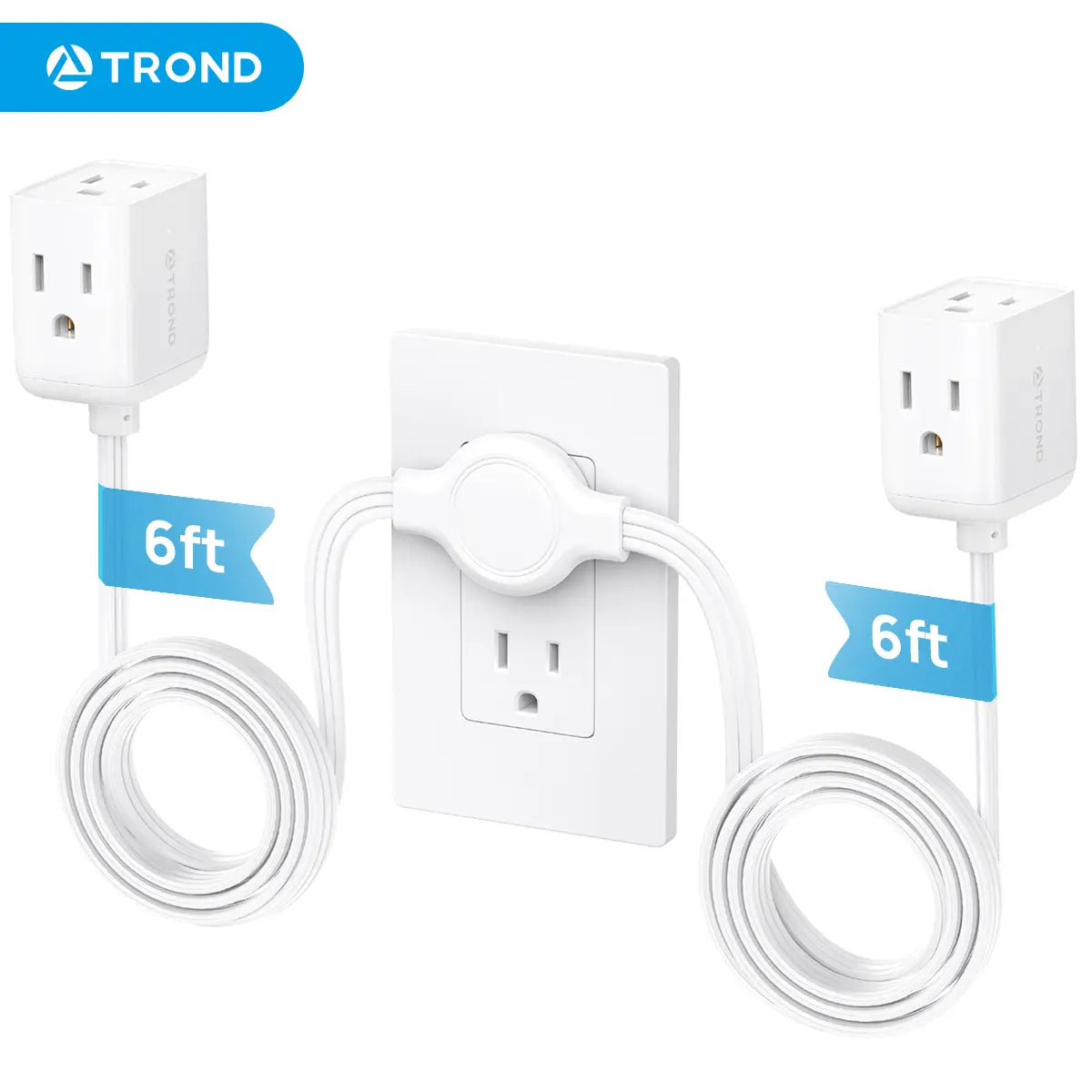 TROND Ultra-Thin Dual Extension Cord Power Strip - 6Ft on Each Side, Multi Outlet Splitter Perfect for Home, Dorms, and Behind Furniture
