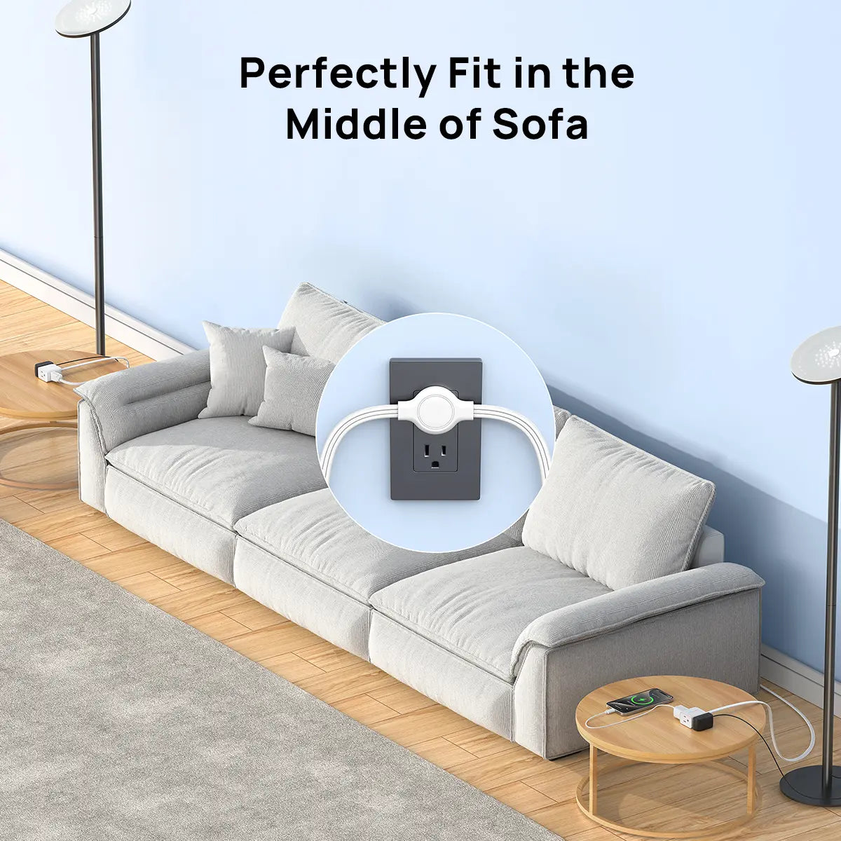 TROND Ultra-Thin Dual Extension Cord Power Strip - 6Ft on Each Side, Multi Outlet Splitter Perfect for Home, Dorms, and Behind Furniture